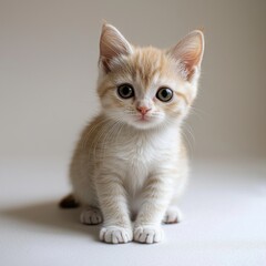 Adorable young orange and white kitten with big curious eyes sitting on plain background in a cute and playful pose, wildlife and domestic animal pet photography