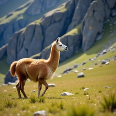 Llama roaming freely in high-altitude grasslands amidst rocky outcrops, landscape, Chile border, Bolivia