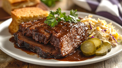 Smoked Ribs with Barbecue Sauce Served with Cornbread and Coleslaw