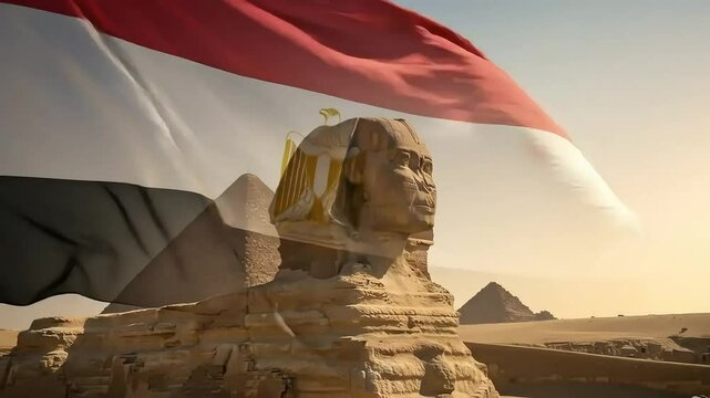 AI generated Egyptian Flag waving in a background with the sphinx and pyramids at sunset