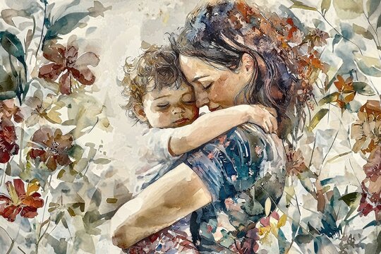 Watercolor painting of a mother embracing her child amidst a floral background, showcasing the tenderness and love within a family bond, depicted with soft pastel colors