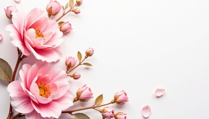 Pastel pink florals on white background with golden accents, floral art, vintage toile, garden party