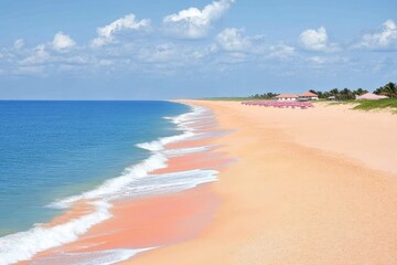 Obraz premium Serene beach with soft pink sand and gentle waves under a bright blue sky during daytime