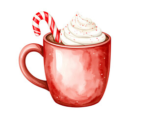 Festive cup of hot chocolate with whipped cream and a candy cane in transparent background, perfect for the holidays. Perfect clip art for christmas theme.