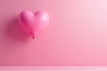 Pink heart-shaped air balloon floats gently on a soft pink background with subtle gradient effect, flat lay, decoration, heart