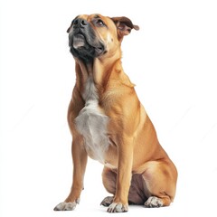 Obraz premium Friendly brown dog sitting with alert expression showing attentive posture and attentive eyes on a white background, full body portrait, isolated