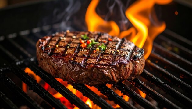 Juicy steak sizzling on a flaming grill with fresh herbs and spices, showcasing delicious barbecue perfection.