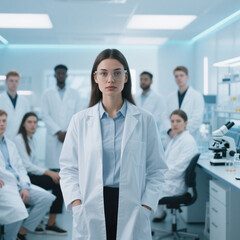 Fototapeta premium A confident young female scientist stands at the forefront of a professional research team in a modern laboratory.
