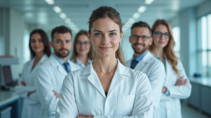 Fototapeta premium A confident young female scientist stands at the forefront of a professional research team in a modern laboratory.
