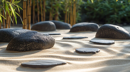 Zen Garden with Smooth Stones and Raked Sand