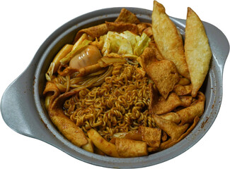 Korean-style spicy ramen dish served in a gray pot isolated on transparent background