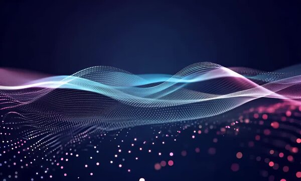 Futuristic digital wave made of glowing blue particles flows across a dark blue background, representing abstract technology, data streams, or energy motion in a high-tech concept.