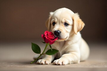 Tiny Labrador puppy holding delicate red rose , mothers day, bouquet, flower arrangement