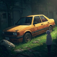 黄昏の錆びた車と少女