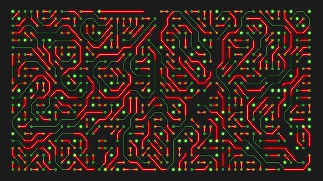 Video animation of a printed circuit board in green and red on a dark background. Digital server code processing or AI artificial intelligence deep machine learning concept - seamless loop.
