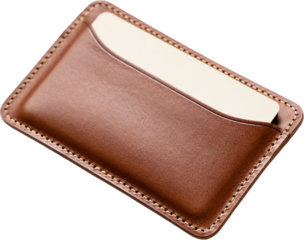 Brown leather card holder wallet with a silver snap button isolated on a transparent background