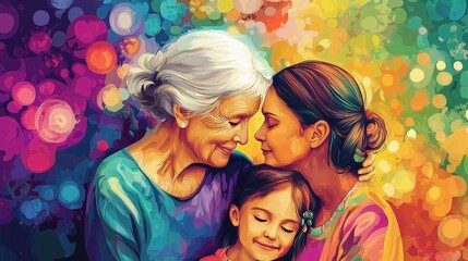 Three generations of women embrace in vibrant hues - a colorful celebration of family bonds and intergenerational love