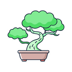 A cartoon bonsai tree with green leaves in a brown pot on white