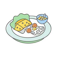 A cartoon breakfast plate with eggs, cheese, and small bowl with yellow balls
