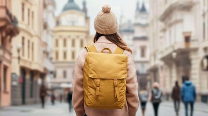 Young Woman with Yellow Backpack Walking in Historic City Street