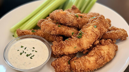 Crispy Fried Chicken Strips with Celery and Ranch Dip