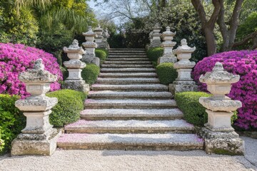 Beautiful stone steps lead through vibrant azaleas in serene garden setting during springtime