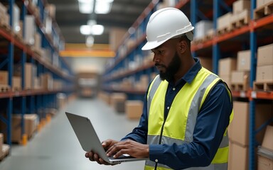 Foreman engineering african black skin male report businessman manager look notebook computer laptop tablet terminal warehouse technology shipper port logistic cargo list commercial container custom