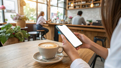 Woman's hands holding smartphone with blank screen in cafe, near latte, mockup, technology, communication : Generative AI