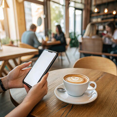 Woman's hands holding smartphone with blank screen in cafe, near latte, mockup, technology, communication : Generative AI