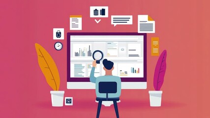 Analyzing digital data, using a magnifying glass, on a vibrant online dashboard interface - Powered by Adobe