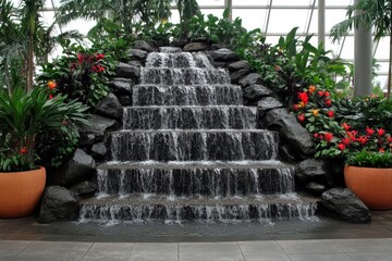 Stunning indoor waterfall surrounded by lush greenery and colorful flowers in a tropical garden setting