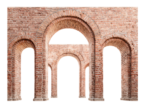 Red Brick Wall with Multiple Arches on Transparent Background, PNG