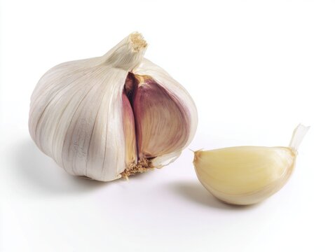 Whole garlic bulb and single garlic clove on white background
