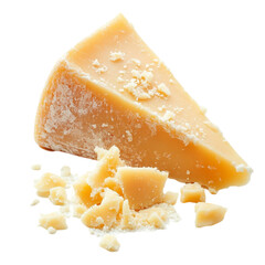A wedge of hard cheese with small pieces scattered around it on white background