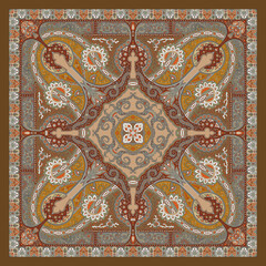 Warm Brown and Cream Bandana – Exclusive Antique Textile Square with Royal Indo-Islamic Motif, Dupatta and Hijab Ready