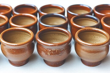 Collection of handcrafted ceramic cups displayed in an artistic arrangement at a local artisan market during daylight