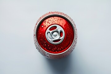 Top view of a cold, refreshing red beverage can with condensation.
