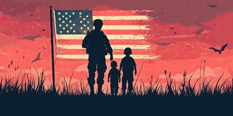 Patriotic artwork: silhouetted soldier and family against a distressed american flag at sunset. a poignant digital painting symbolizing homecoming, sacrifice, and family unity.