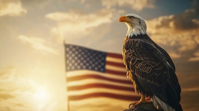 Majestic bald eagle at sunset with american flag: ai-generated patriotism