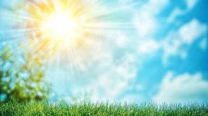 Sunny Blue Sky Over Green Grass. Bright Summer Nature Background