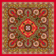 Majestic Red and Gold Bandana – Intricate Regal Scarf Design, Vintage Paisley Pattern for High Fashion Hijab and Dupatta Styles