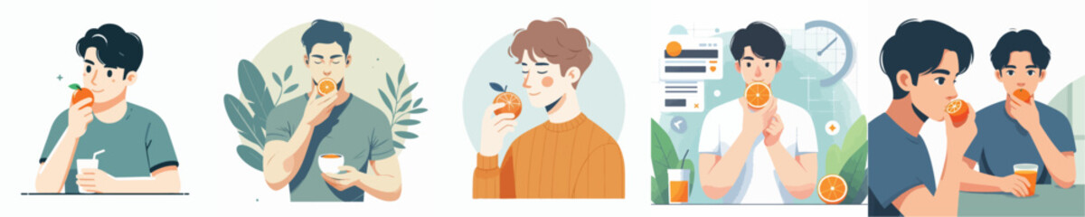 vector of a young man eating an orange