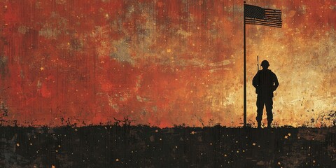 Silhouette of a soldier standing guard against a textured american flag background