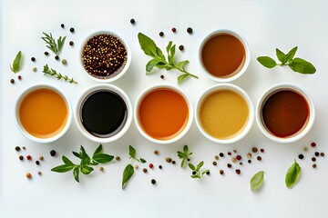A vibrant array of sauces and spices beautifully arranged on a white surface.