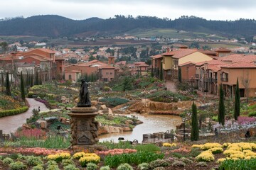 Beautiful landscape view featuring a statue, gardens, and buildings in a scenic city during cloudy weather