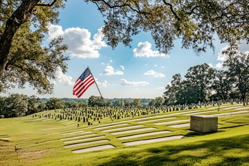 Serene american cemetery landscape with us flag - rows of headstones under sunny sky, peaceful memorial scene