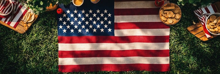 Ai-generated: patriotic picnic on grass - american flag blanket, treats & drinks