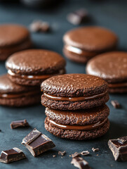 Chocolate macarons with chocolate pieces on dark surface.