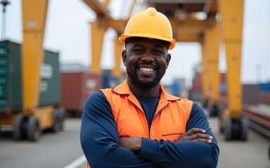 Portrait Black African staff worker happy smile working in cargo crane shipping logistic port. High quality