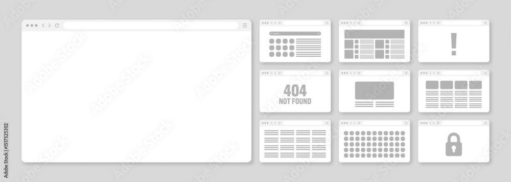 Fototapete Web browser window, pages layout with toolbar and search field. Modern website, internet page in flat style. Browser mockup for computer, tablet and smartphone. Adaptive UI. Vector illustration
